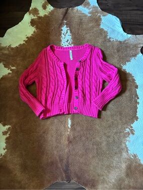 Bright Pink Cable Knit Button-Front Women's Sweater